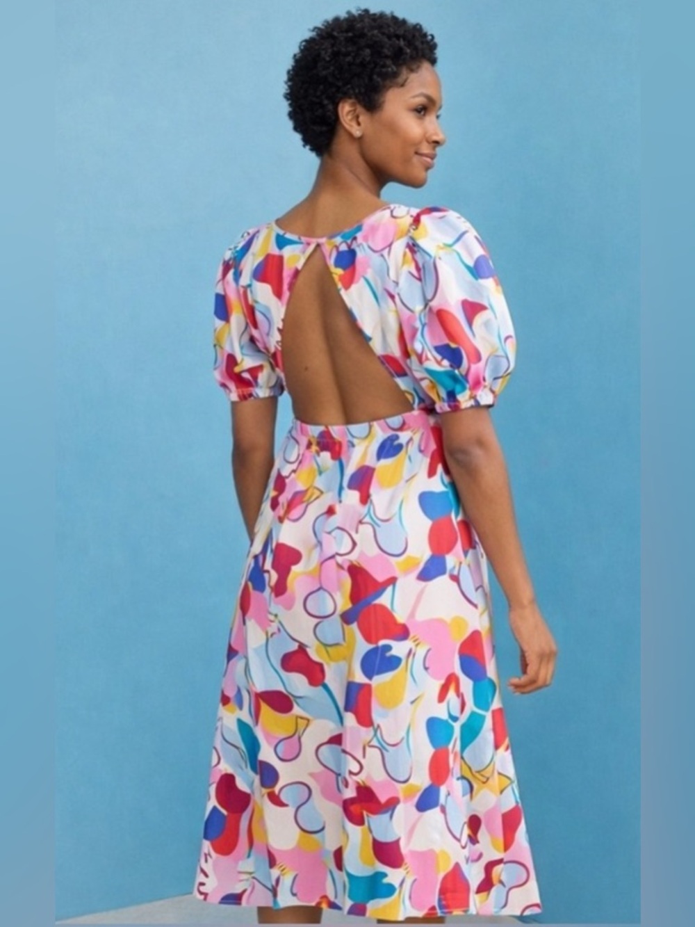 NWT Free People x Glamorous Rainbow V Neck Puff Shoulder Midi Dress - Size 8